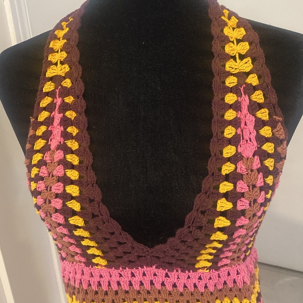 ZARA, Colourful Retro Crochet Halter Dress, with deep V-Neck Size Large - Picture 5 of 17